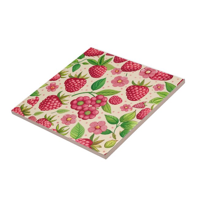 Summer Raspberry Garden Botanical Fruit Pattern Ceramic Tile (Side)