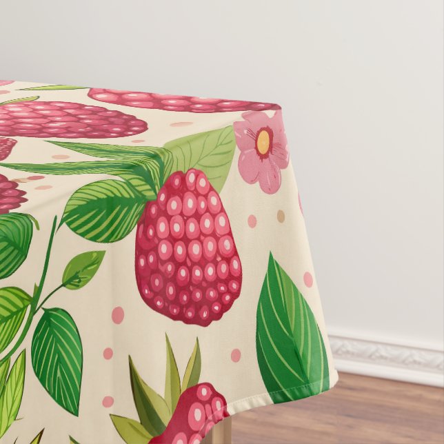 Summer Raspberry Garden Botanical Fruit Pattern Tablecloth (In Situ)