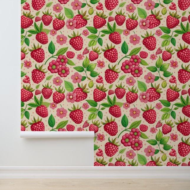 Summer Raspberry Garden Botanical Fruit Pattern Wallpaper (Application)