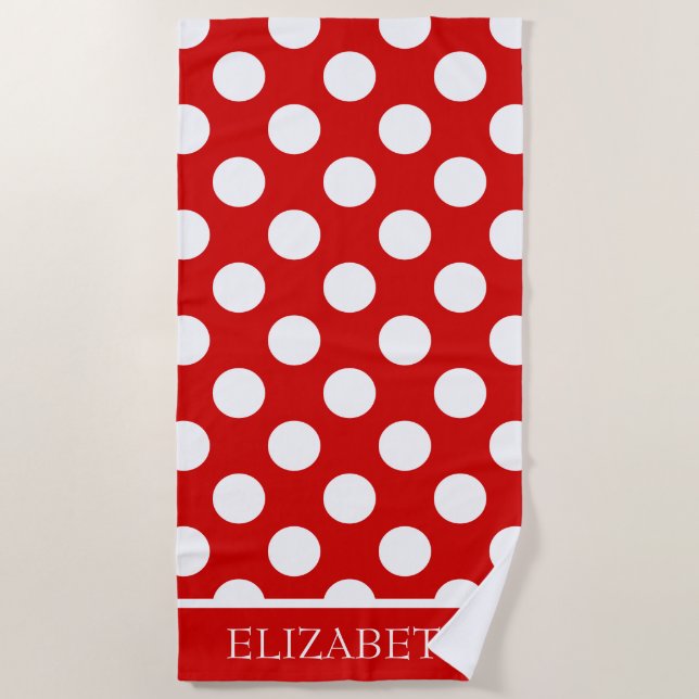 Summer Red and White Polka Dot Personalised Beach Towel (Front)