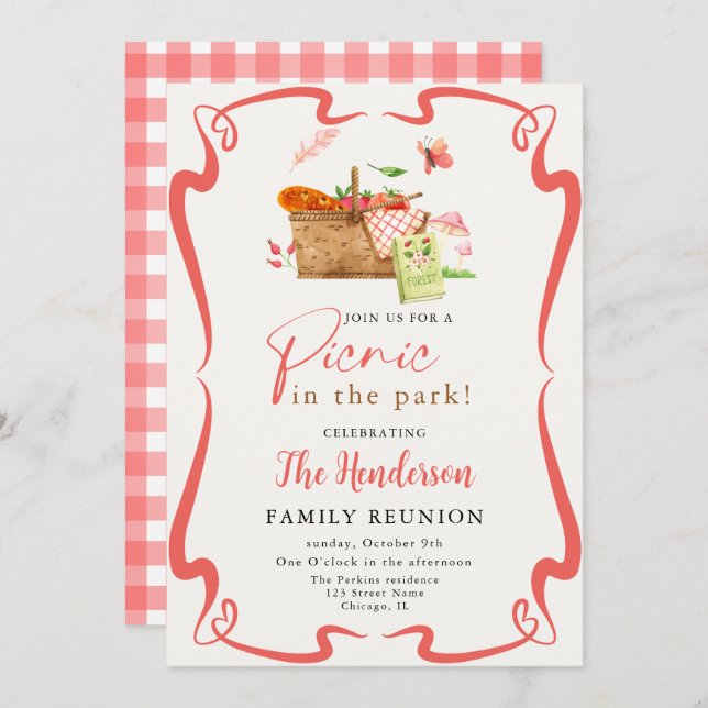 Summer red Fun Picnic in the park family reunion  Invitation (Front/Back)