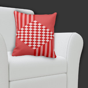 Summer Red Geometric Stripes Diamond Checkers Cushion