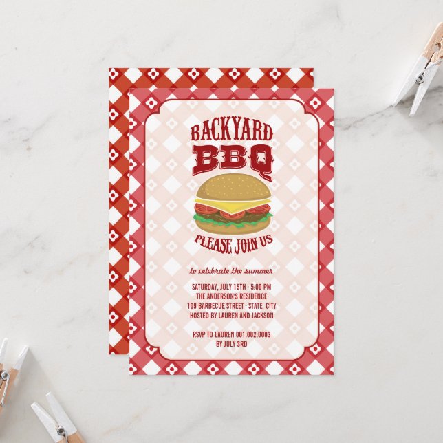 Summer Red Gingham Fun Backyard Barbeque BBQ Party Invitation (Front/Back In Situ)