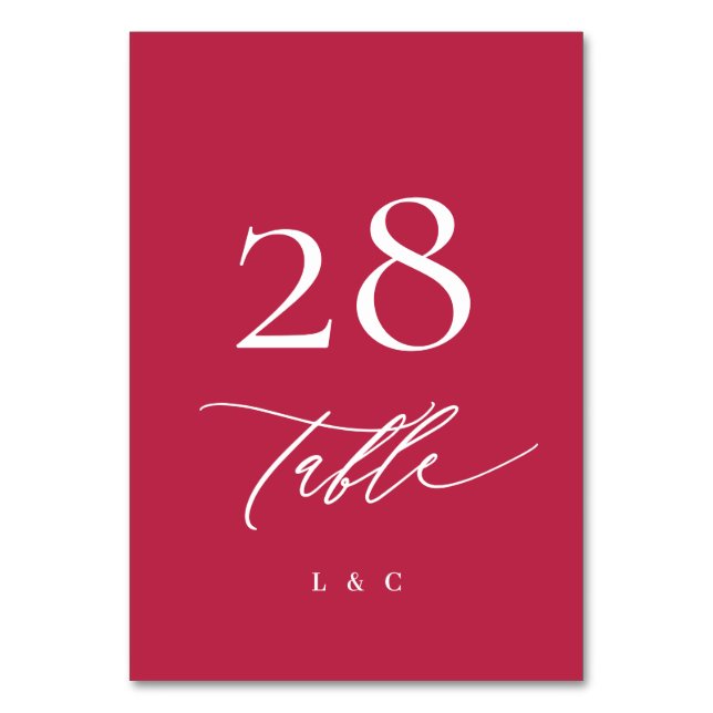 Summer Red Magenta and White Modern Calligraphy Table Number (Front)