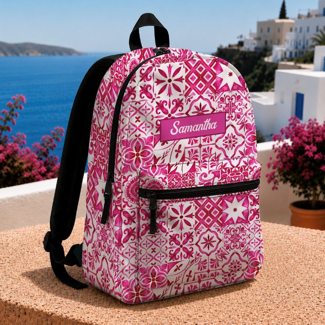 Summer Red Majolica Sicilian Mediterranean Tile Printed Backpack (Creator Uploaded)