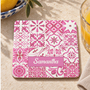 Summer Red Majolica Sicilian Tile Pattern Stone Coaster
