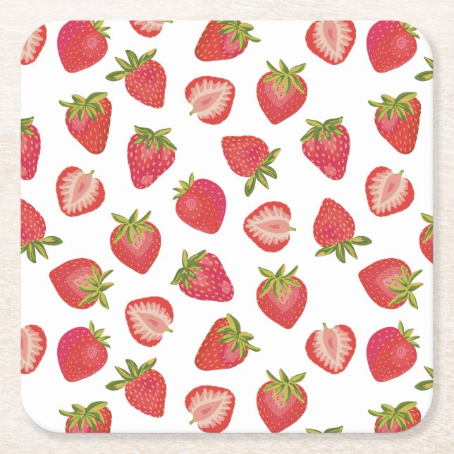 Summer Red Strawberry Pattern Square Paper Coaster (Front)