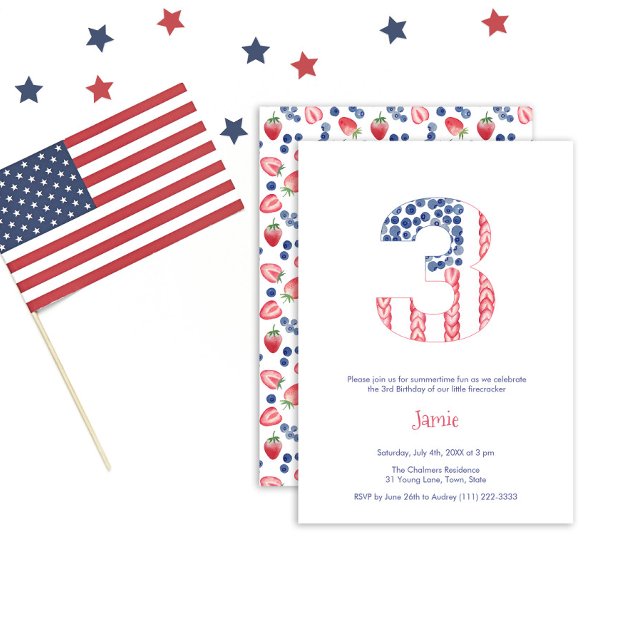 Summer Red White Blue Garden 3rd Birthday Party Invitation (Creator Uploaded)