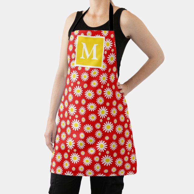 Summer Red & White Daisies Monogram  Apron (Insitu)