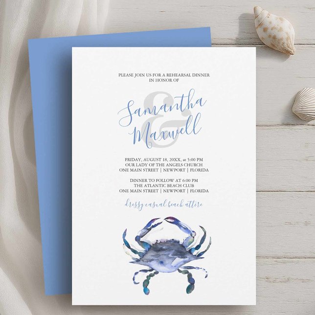 Summer Rehearsal Dinner Invitations Blue Crab (classy rehearsal dinner invitations with blue crab on a white background printable or printed cards)