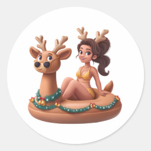 Summer Reindeer Holiday Fun Pool Party Design Classic Round Sticker