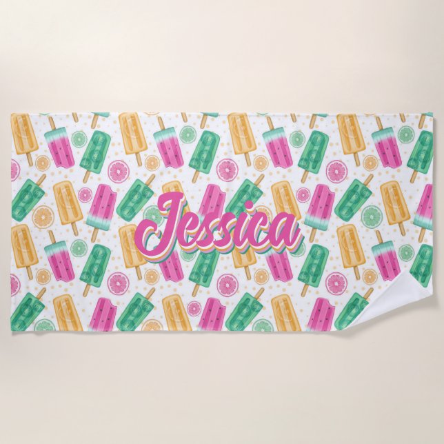 Summer Retro Pastel Ice cream Pattern Personalised Beach Towel (Front)