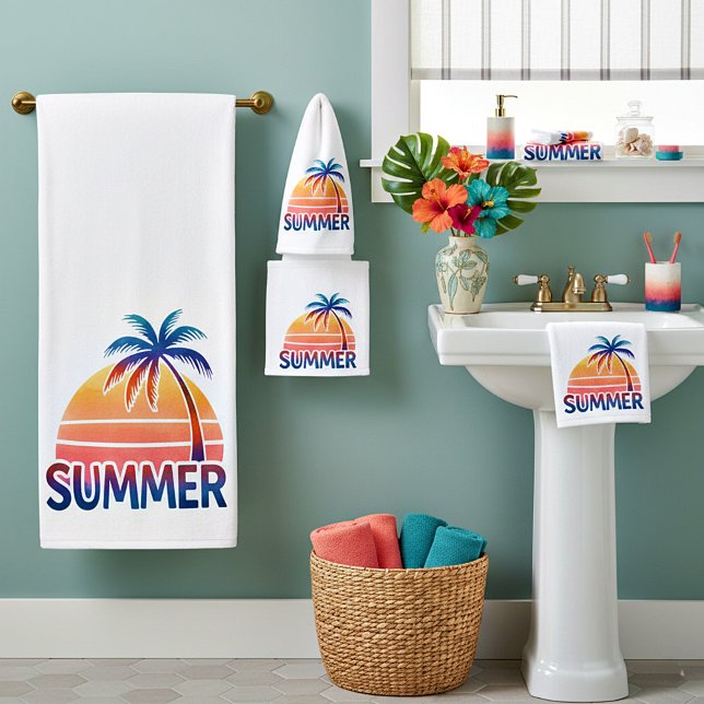 Summer retro sunset palm tree bath towel set (Creator Uploaded)