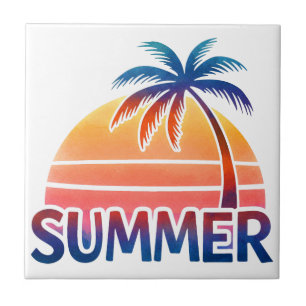 Summer retro sunset palm tree ceramic tile