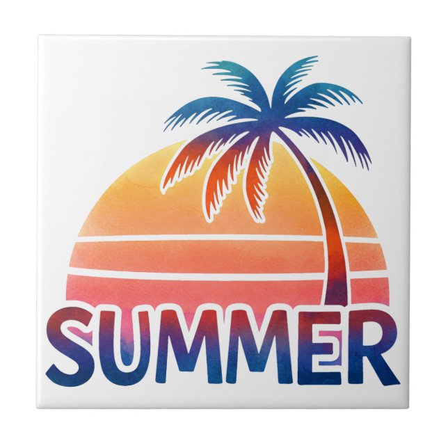 Summer retro sunset palm tree ceramic tile (Front)