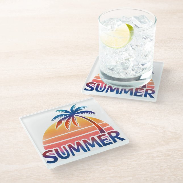 Summer retro sunset palm tree glass coaster (Angled)