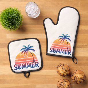 Summer retro sunset palm tree oven mitt & pot holder set