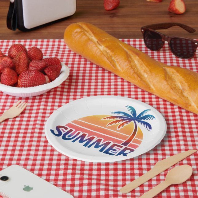 Summer retro sunset palm tree paper plate (Picnic)