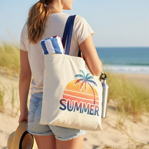 Summer retro sunset palm tree tote bag