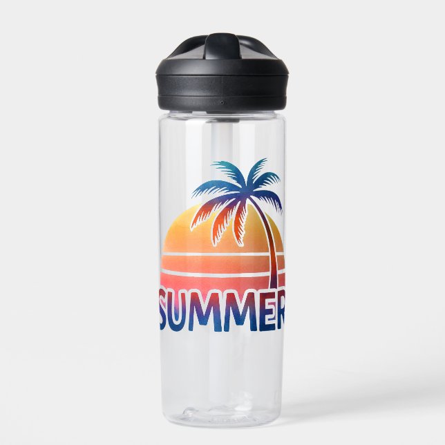 Summer retro sunset palm tree water bottle (Front)