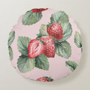 Summer Ripe Strawberries: Watercolor Pink Round Cushion