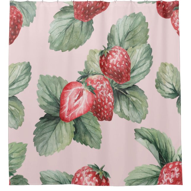 Summer Ripe Strawberries: Watercolor Pink Shower Curtain (Front)