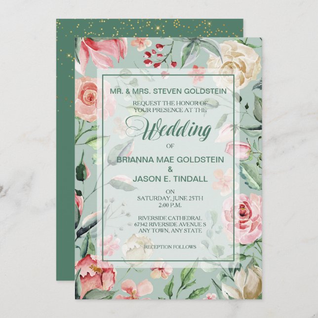 Summer Rose Border Mint Green Wedding Invitation (Front/Back)