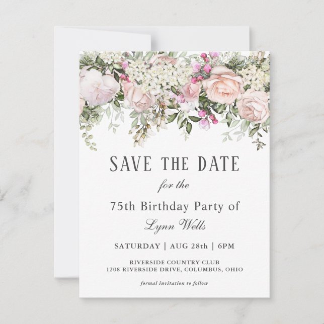 Summer Rose Floral 75th Birthday Save the Date (Front)