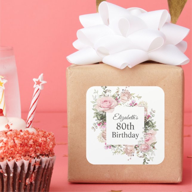 Summer Rose Garden Floral Birthday with Age Square Sticker (Party)