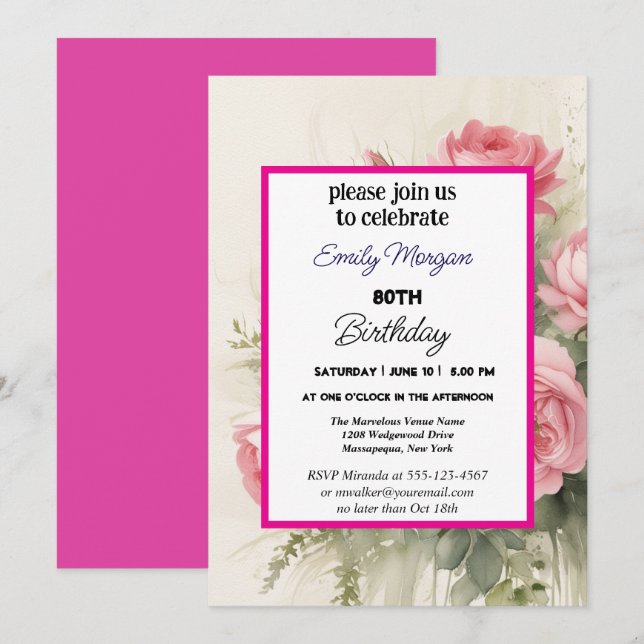 Summer Rose Garden Pink Floral 80th Birthday Invitation (Front/Back)