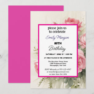 Summer Rose Garden Pink Floral 80th Birthday Invitation