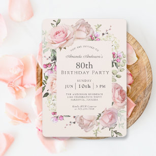 Summer Rose Garden Pink Floral 80th Birthday Party Invitation