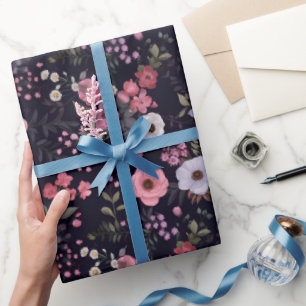 Summer Rose Pattern On Black Wrapping Paper