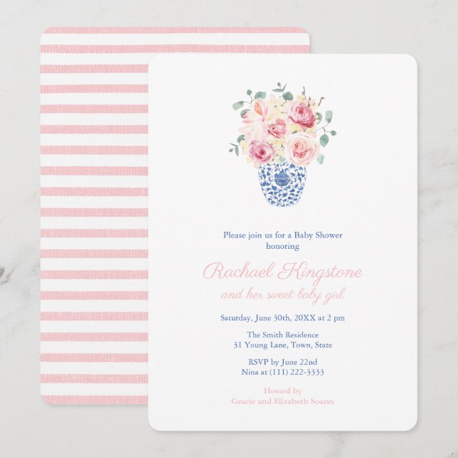 Summer Roses Blue And White Vase Girl Baby Shower Invitation (Front/Back)