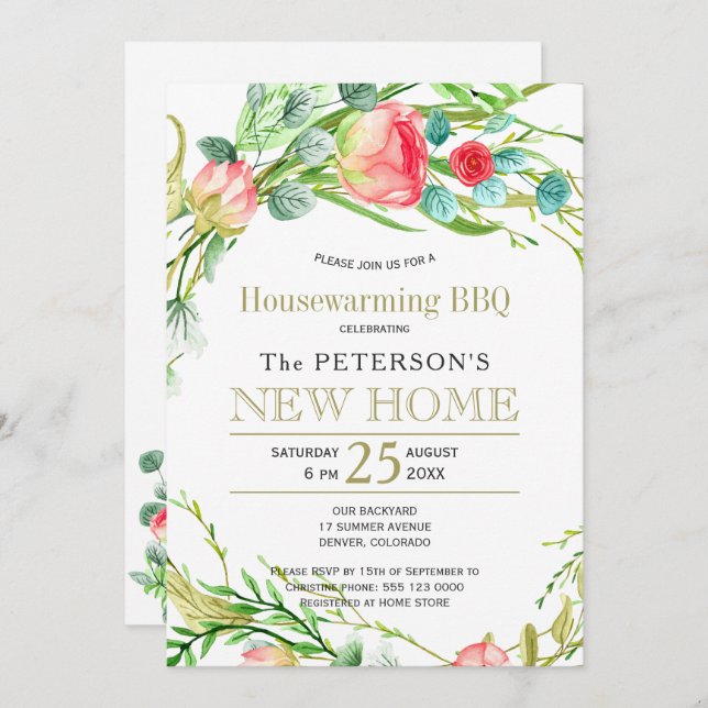 Summer roses garden elegant chic new home bbq invitation (Front/Back)