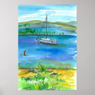 Summer Sailing Mountain Lake Watercolor Poster