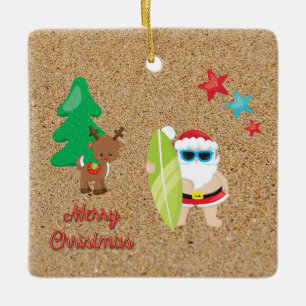 Summer Santa Christmas Holiday Custom Text Ceramic Ornament