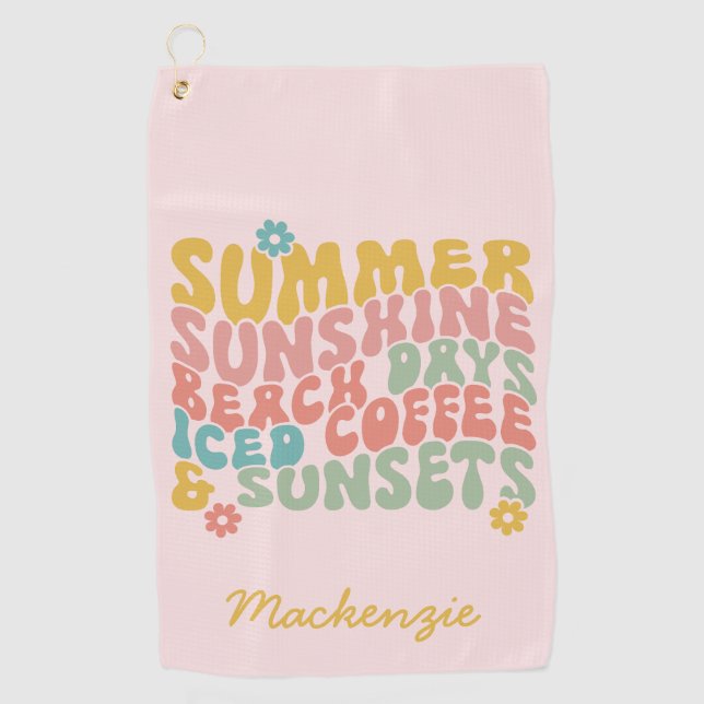 Summer Saying Retro Beach Iced Coffee Sunsets Golf Towel (Front)