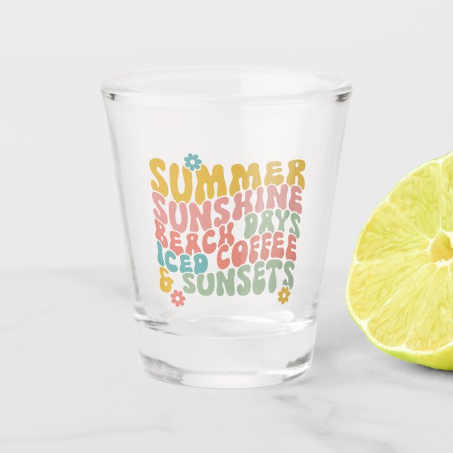Summer Saying Retro Beach Iced Coffee Sunsets Shot Glass (Front)