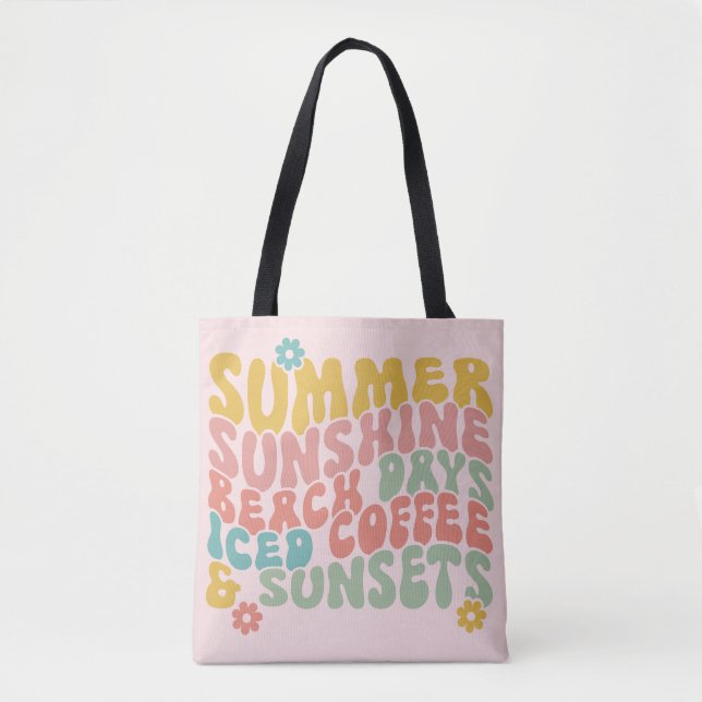 Summer Saying Retro Beach Iced Coffee Sunsets Tote Bag (Front)