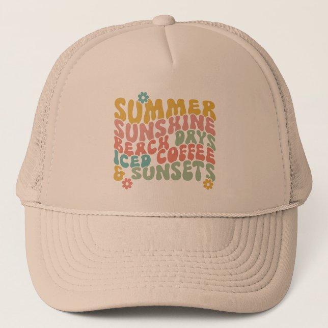 Summer Saying Retro Beach Iced Coffee Sunsets Trucker Hat (Front)