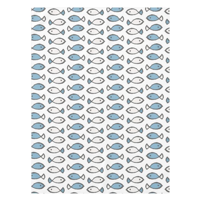 Summer Sea Blue White Fishes Pattern Tablecloth (Front)