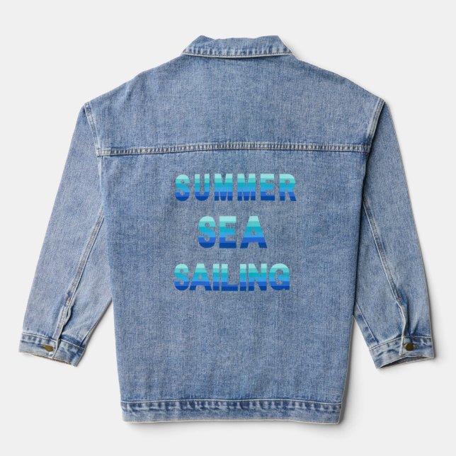 Summer, Sea, Sailing - Ocean Blue Stripe Text Denim Jacket (Back)