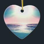 Summer Sea Sunset Tropical Beach Photo Ceramic Ornament<br><div class="desc">Beautiful tropical beach seascape colourful sunset sea view photo, featuring an amazing iridescent rainbow colours sunset over the sea, blue ocean calm waves, shining bluish beach sand and a big bright glowing white sun, projecting a blend of pink, teal, blue, green yellow pastel colours horizon coast. This unique tropical paradise...</div>