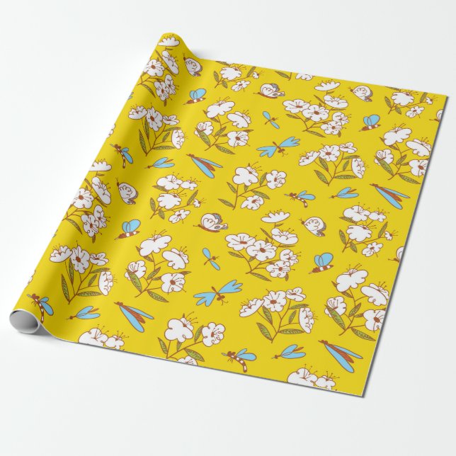Summer seamless pattern with blossoming plants and wrapping paper (Unrolled)