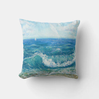 Summer seascape, blue waves, acrylic painting. cushion