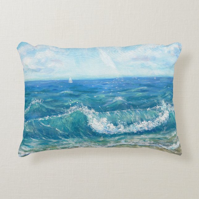 Summer seascape, blue waves, acrylic painting. decorative cushion (Front)