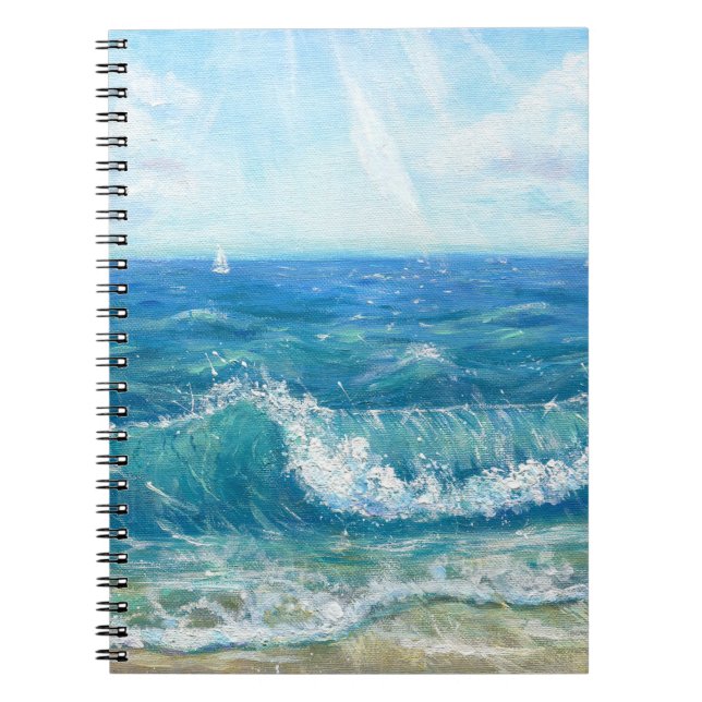 Summer seascape, blue waves, acrylic painting. notebook (Front)