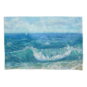 Summer seascape, blue waves, acrylic painting. pillowcase
