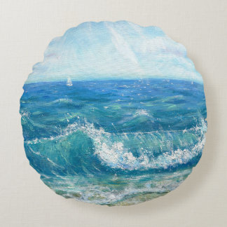 Summer seascape, blue waves, acrylic painting. round cushion